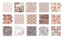 Cartoon Isolated Blocks And Stones Of Paved Street And Sidewalk, Natural Bricks Of Stonewall Or Footpath In Yard, Top View Pattern Collection. Pavement Textures And Floor Tiles Set