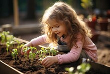 Young Little Girl Planting Plants In Her Home Backyard Garden.