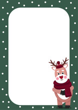 Kawaii Cute Lovely Page Notebook, Diary Decorated Templates. Green Color. Christmas Notes With Deer. Printable Checklist. Holidays For Notes, To Do, Check List For Gifts, Wish, Shopping, Daily Planner