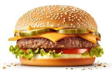 Sticker - delicious hamburger isolated on white background. Generated by AI.