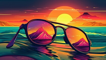 Wall Mural - Sunglasses on Beach Vaporwave Colors Illustrated Style