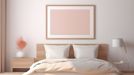 Mockup frame in bedroom interior, A bedroom with a bed and a picture frame on the wall, Generative AI