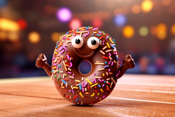 Wall Mural - Cute chocolate donut with eyes. Generative AI. Festive Super doughnut with colorful sprinkles. National Donut Day or Fat Thursday. Funny character for menu, bakery, cafe, sweet-shop, signboard, cover