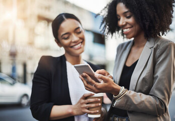Aufkleber - Happy business people, friends and phone in city for social media, communication or texting on street sidewalk. Woman employees or colleagues smile on mobile smartphone for networking in a urban town