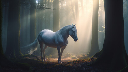 Wall Mural - white horse in forest with sun shine generative ai