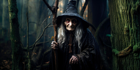 fantasy old Witch in the dark forest, fantasy character, creature concept