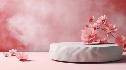 Sticker - Stone pedestal with pink flowers modern background. Product display design, minimal mockup template. Generative AI