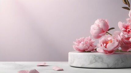 Sticker - Stone pedestal with pink flowers modern background. Product display design, minimal mockup template. Generative AI