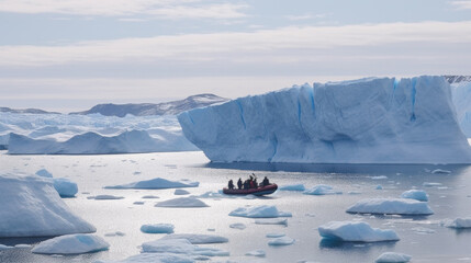 Wall Mural - tourists swim with a boat between huge ice glaciers. Generative AI