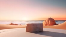 Stone Pedestal On The Beach, Summer Vacation Background. Product Display Design. Generative AI