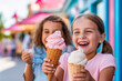 © MVProductions - Two young friends eating ice cream and having fun in amusement park, refreshment in theme park. Generative AI