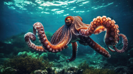 A giant octopus in the deep ocean.