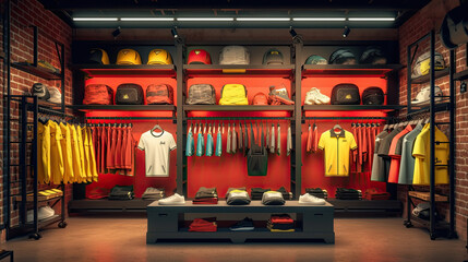 Trendy sports clothes apparel collection showcased in a sports store setup