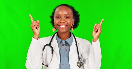 Wall Mural - Choice, pointing and face of female doctor on green screen for deal announcement or advertising. Medical, medicine and healthcare with portrait of black woman on studio background for decision mockup