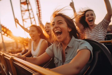 People cheering and enjoying a roller coaster ride at the amusement park with sunset in the background. Generative AI