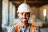 Fototapeta  - Portrait of handsome young positive male builder smiling with his helmet on the head. Generative AI