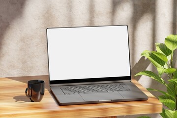 Modern Laptop with blank screen on wooden table, Responsive web design and website mockup, laptop mockup, Realistic 3D render.
