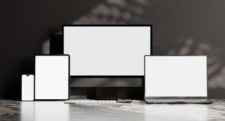 Responsive Web Design and website Mockup, Devices Mock up, Smartphone desktop tablet laptop template Mockup, Realistic 3D Render Illustration.