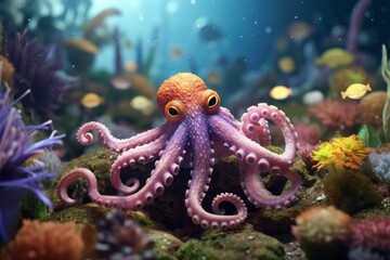 Wall Mural - Beautiful octopus at the bottom of the sea. AI generated, human enhanced.