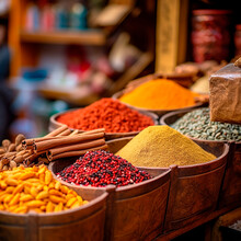 Spice Shop In The Eastern (oriental) Market. Spices Are Poured Into Bowls And Placed On The Counter. AI