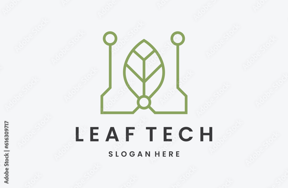 Leaf technology, logo with line style circuits design template