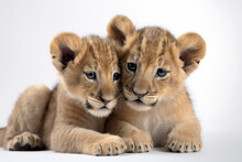 Image Of Two Baby Lions Cubs Cuddle Together On White Background. Wildlife Animals. Illustration, Generative AI.