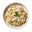 Bowl of fettucini alfredo with garnish isolated on transparent background, top down view, view from above, delicious  Italian pasta dish food for menu. generative ai