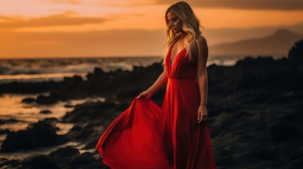 Canvas Print - Attractive woman in red dress dancing on the beach