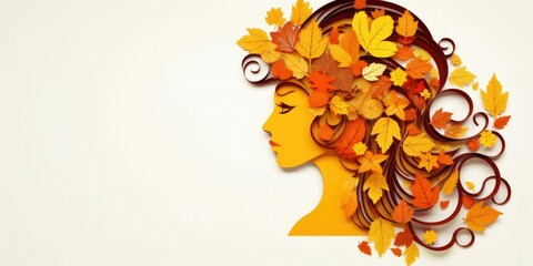 autumn leaves hair woman paper cut style