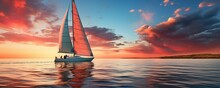 Sailing Ship On The Sea With Panoramic Sunset