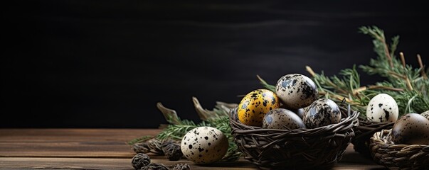 Quail eggs in nest on dark background