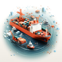 isometric 2D illustration of eight cargo ships forming circular formation, creating eye-catching pattern against white background. AI Generated, Generative AI