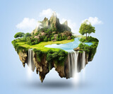 Flying green forest land with trees, green grass, mountains, blue water and waterfalls isolated with clouds. Floating island with greenery and beautiful landscape scenery. Generative Ai.