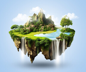 flying green forest land with trees, green grass, mountains, blue water and waterfalls isolated with