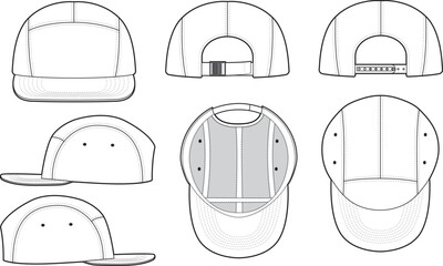Wall Mural - Five Panel Camp Hat Technical Drawing Illustration Blank Streetwear Mock-up Template for Design and Tech Packs CAD