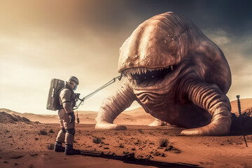 Astronaut in the desert with giant dinosaur. Generative AI