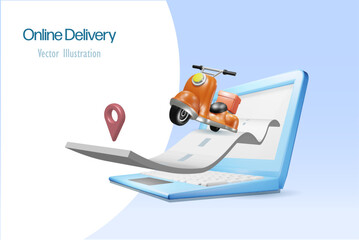 Wall Mural - Online delivery service, online shopping. Scooter driving on road from computer. Logistics and distribution shipment for e commerce. 3D vector.