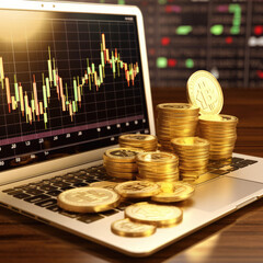 Bitcoins and New Virtual money concept.Gold bitcoins with Candle stick graph chart and digital background.