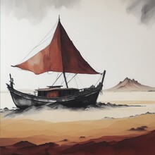 Painting Of A Ship In The Middle Of The Desert, Great For Background
