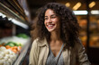 © hakule - woman smiling and shopping in the supermarket, food on shelf, Generative AI image.