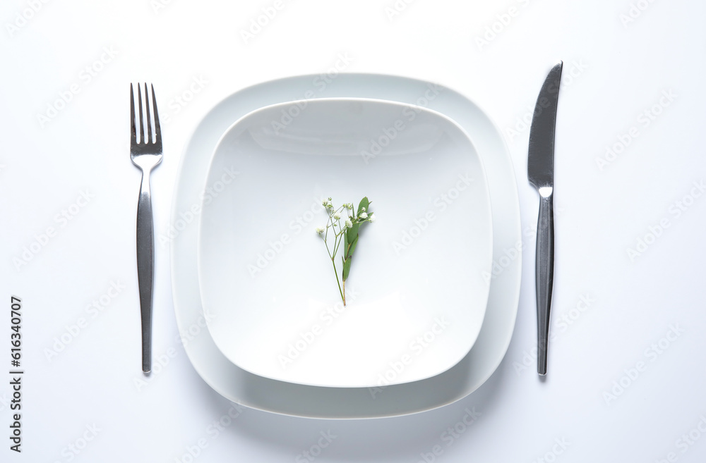 Beautiful table setting and gypsophila flowers on white background