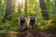 Two Young Raccoons Hid In Green Vegetation In A Dark Forest. AI Generated