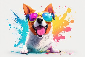 abstract colorfull portrait of smiling dog with sunglasses against a white design background, ai generative