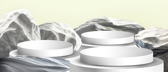 Poster - 3D Podium Geometric shape spherical stone platform for presenting packaging and cosmetics in white base in natural atmosphere on yellow background, display, showcase, 3d Rendering