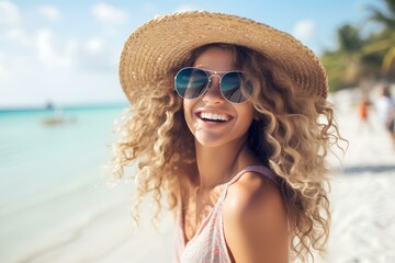 Wall Mural - Blissful woman with sunglasses on a beach vacation, smiling broadly with joy and gratitude. generative AI