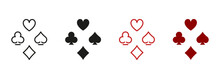 Playing Card, Gambling Spade. Casino Game Pictogram. Poker Play Suit Symbol Collection. Card Suit Line And Silhouette Icon Set. Black Jack Club In Las Vegas Symbol. Isolated Vector Illustration