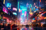 Fototapeta Nowy Jork - A futuristic cityscape with vibrant, glowing billboards illuminating the skyline, creating a mesmerizing display of lights and colors.