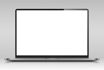 Fototapete - Realistic laptop layout with reflection. A laptop with a silver case and a white screen on a gray gradient background. Vector illustration.