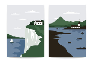 Wall Mural - scandinavian nature landscape. modern minimal posters, nordic scenic mountain lake house aesthetic b