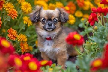 Wall Mural - Small dog sitting in flower field. 